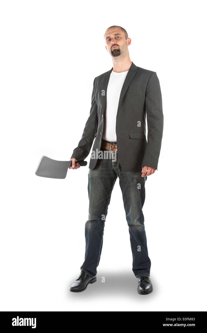 Angry looking man with meat cleaver, isolated on a white background