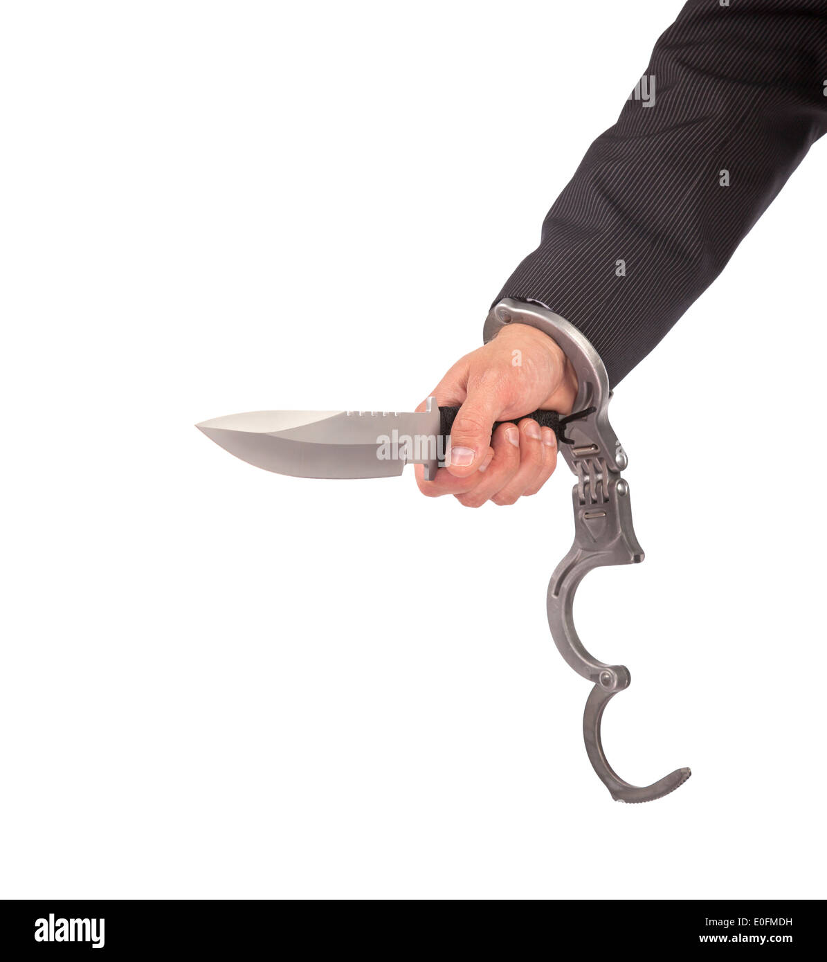 Male with a sharp knife in it's hand with a handcuff, isolated on white Stock Photo