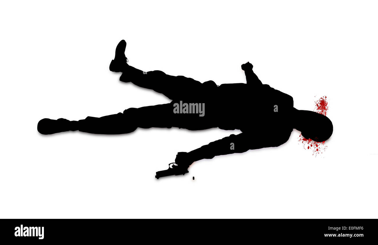 Suicide concept - man shot himself, silhouette, isolated on white Stock Photo