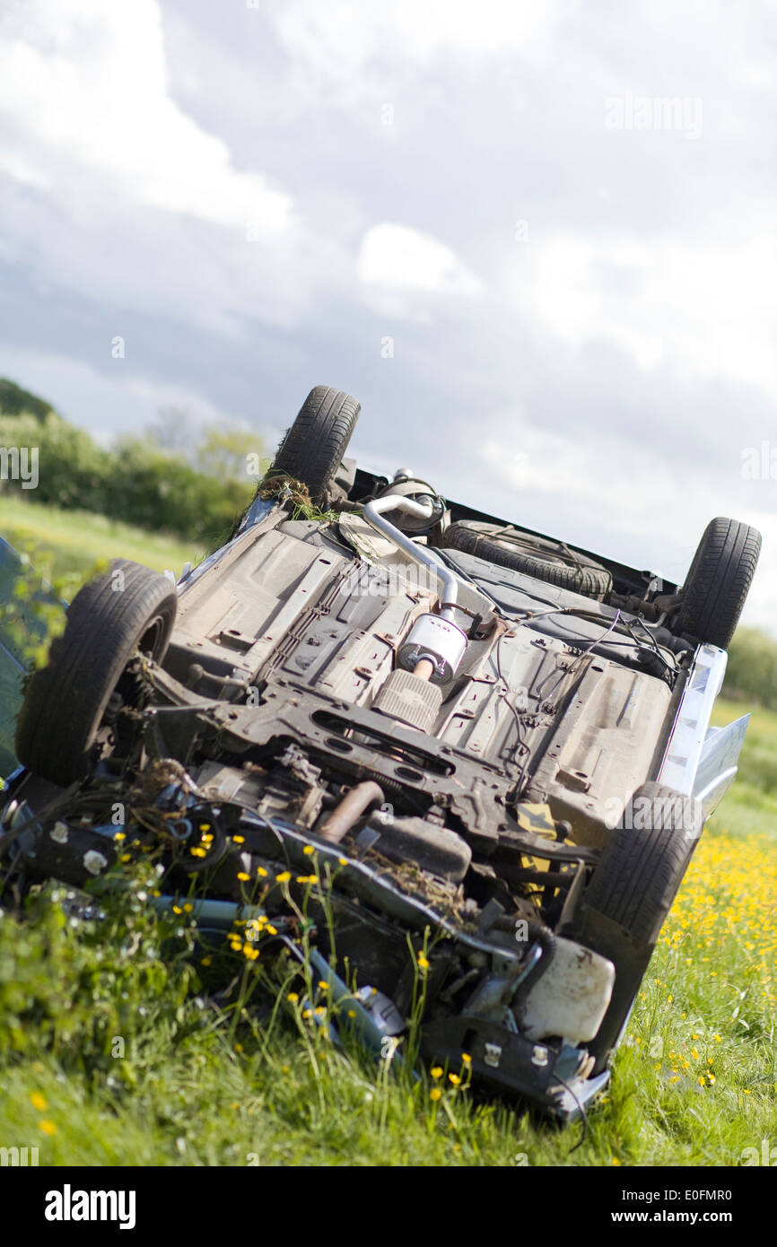 vehicle road accident, rolled car Stock Photo Alamy