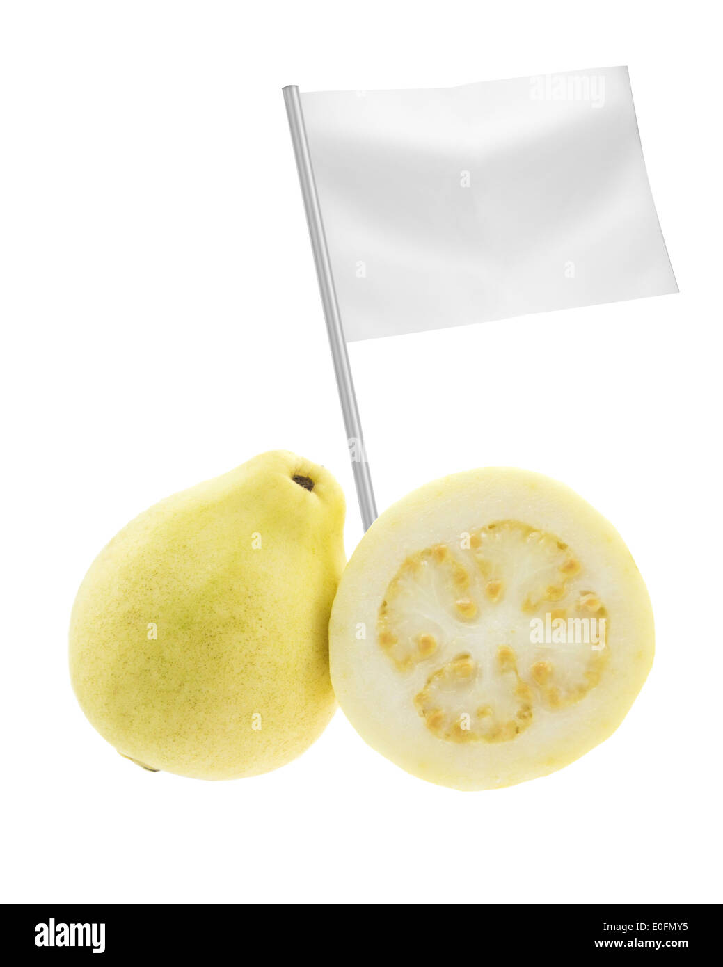 Healthy and organic food concept. Fresh Guava with flag showing the benefits or the price of fruits. Stock Photo