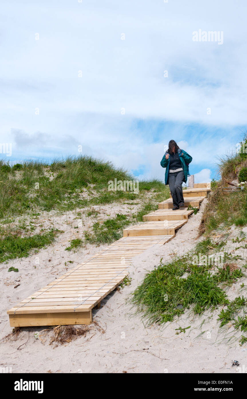 Steps through dunes on Deerness, Orkney. To protect against footpath erosion. Stock Photo