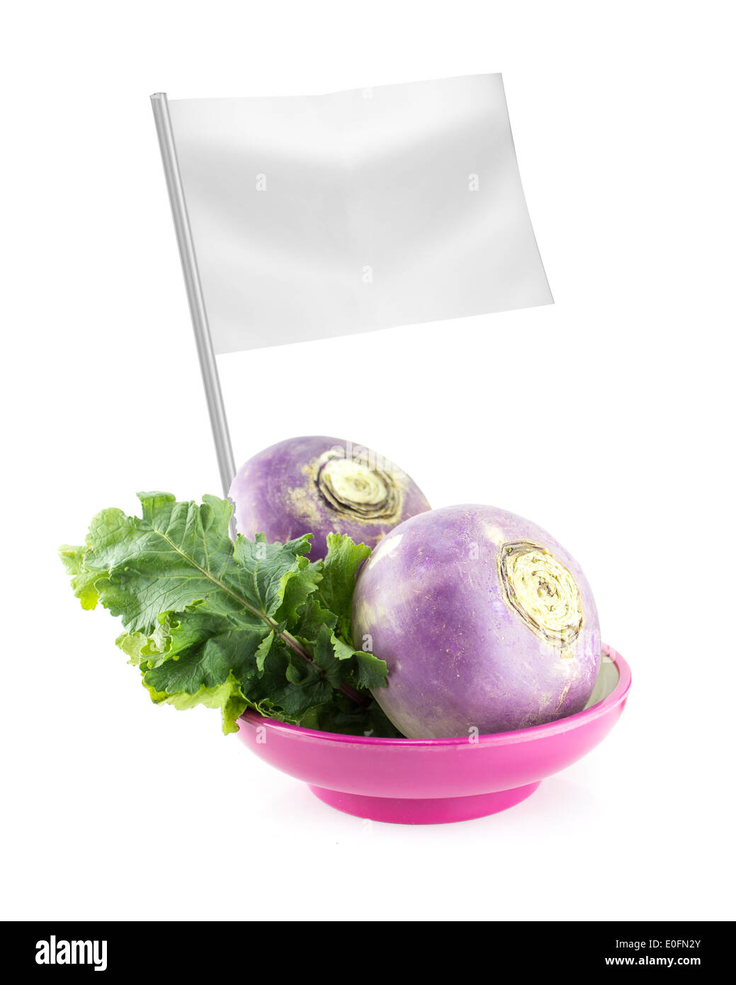 Healthy and organic food concept. Fresh purple headed turnips with flag