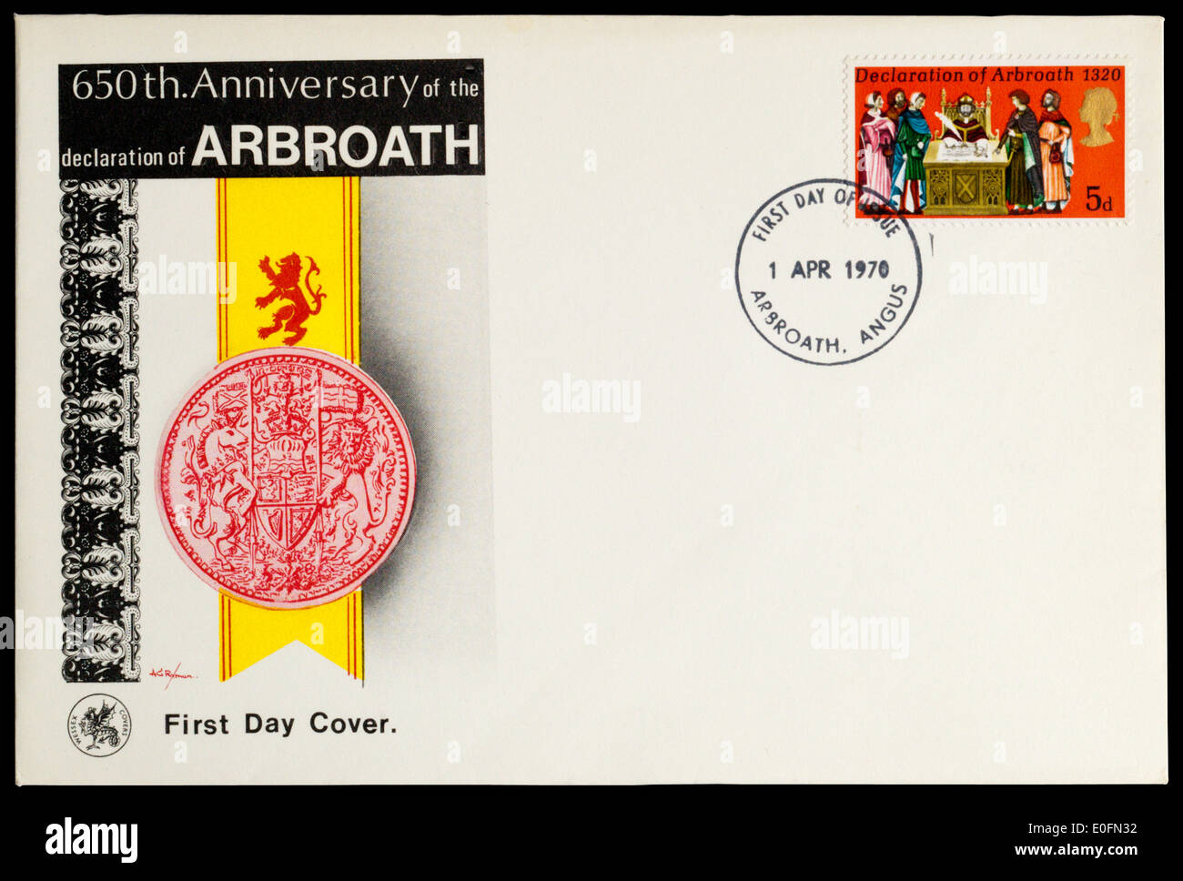 First Day Cover celebrating 650th Anniversary of the Declaration of Arbroath. Postmarked at Arbroath. Stock Photo