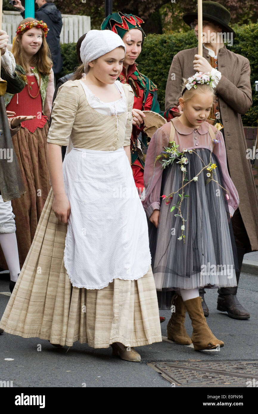 Children dressed in Shakespearian Clothing for a parade in Stratford