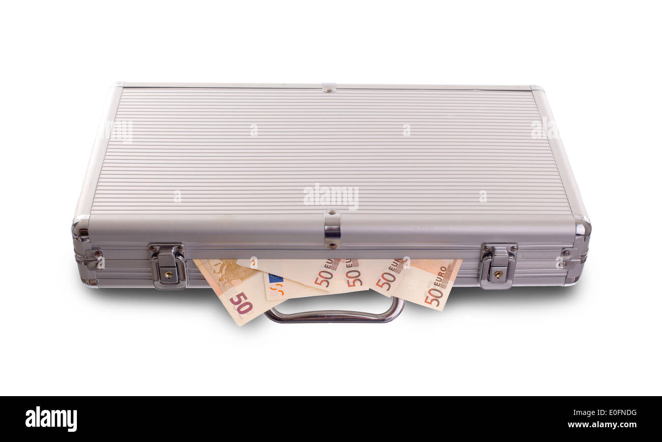 Metal briefcase full of cash, isolated on white Stock Photo Alamy