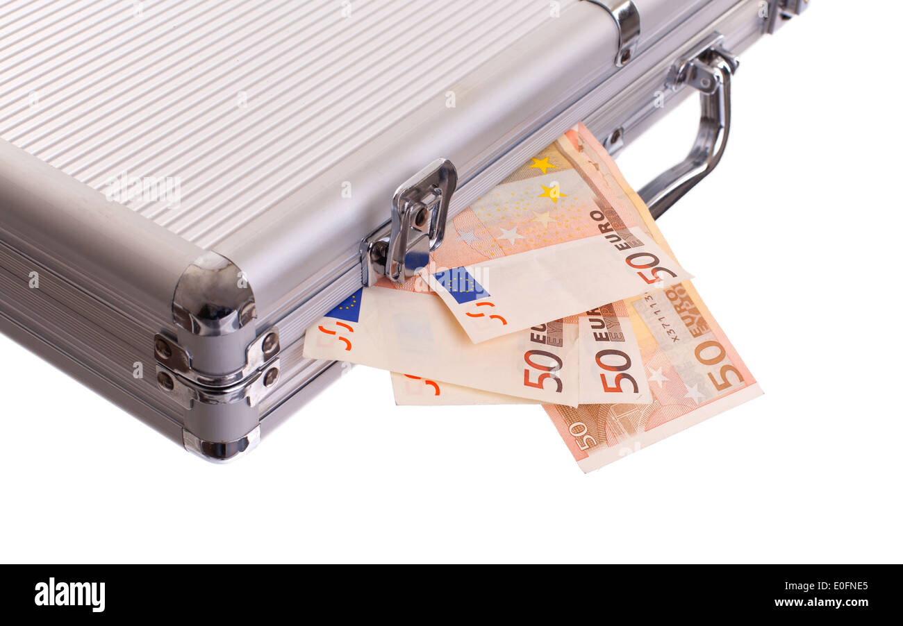 Metal briefcase full of cash, isolated on white Stock Photo Alamy