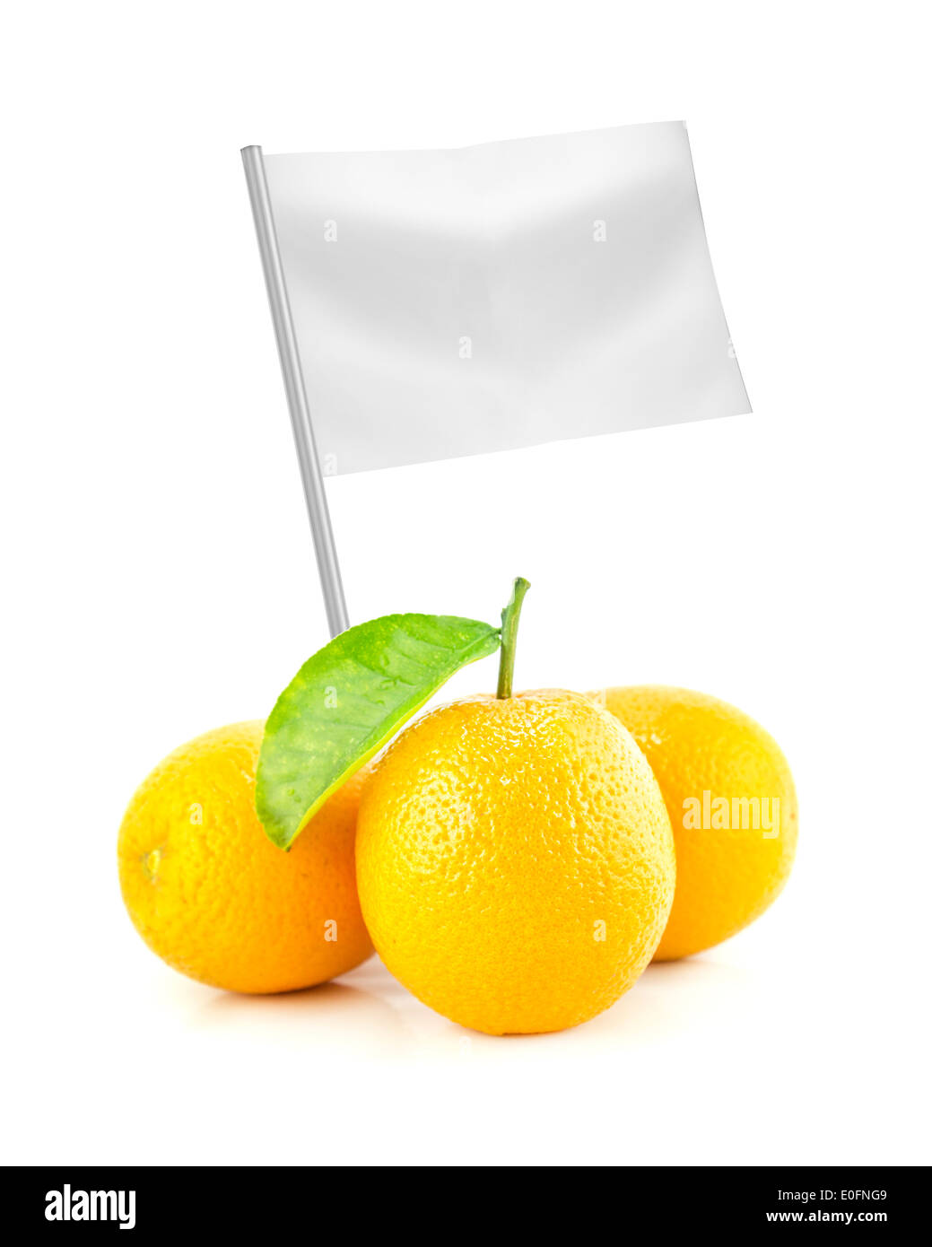 Healthy and organic food concept. Fresh Orange with flag showing the benefits or the price of fruits. Stock Photo