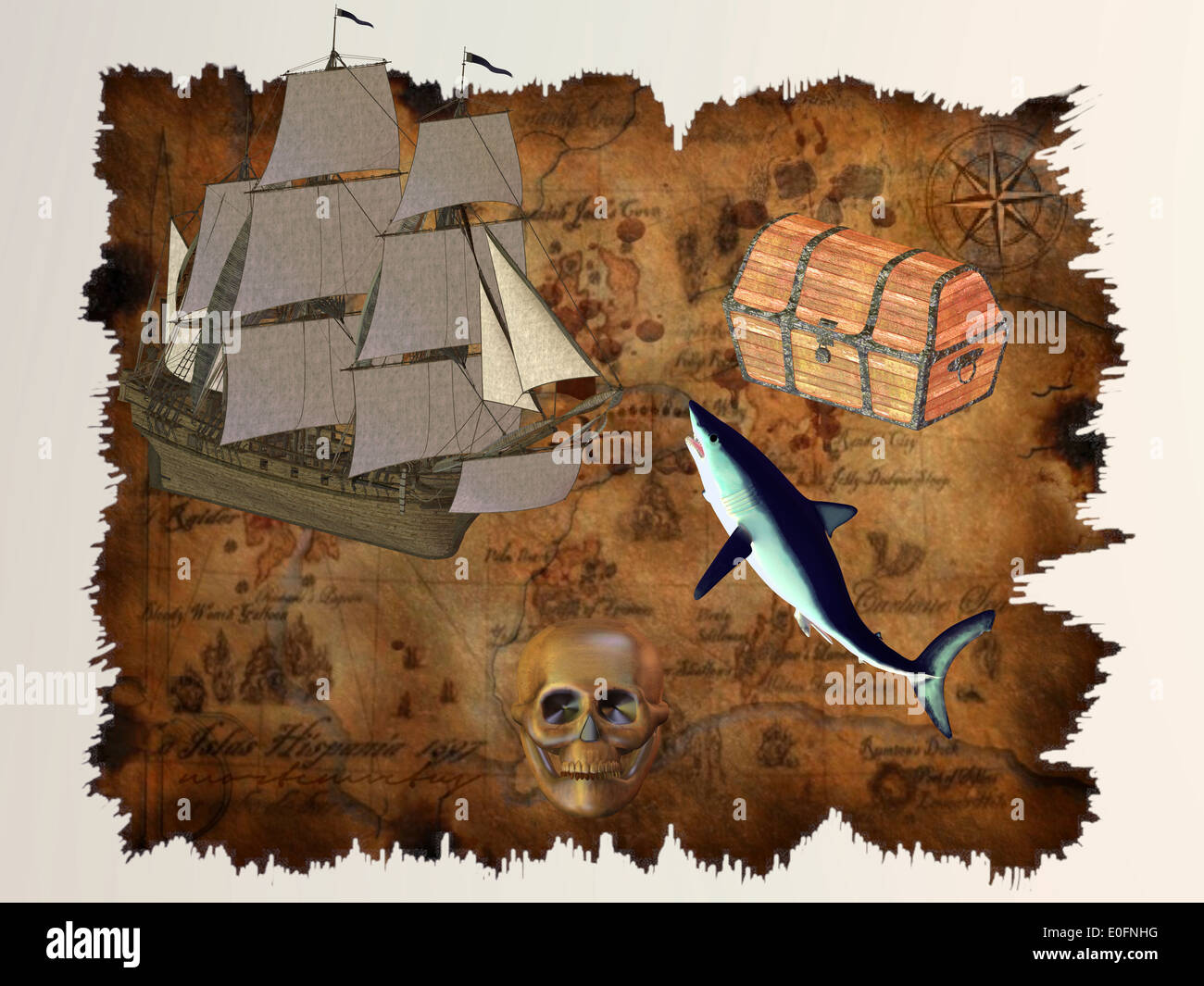 A treasure map marks the location of buried treasure, a lost mine, a