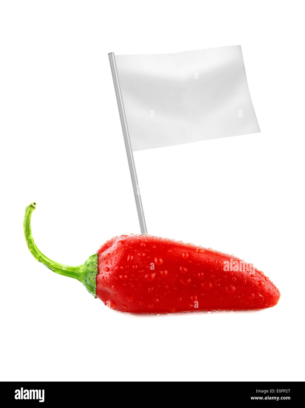 Healthy and organic food concept. Fresh red hot chili pepper with flag showing the benefits or the price of fruits. Stock Photo