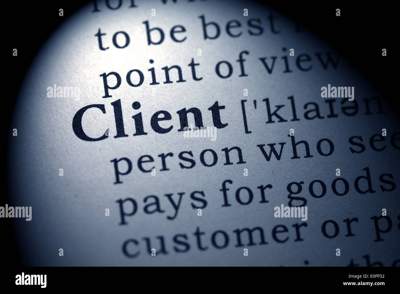 Fake Dictionary, Dictionary definition of the word client. Stock Photo