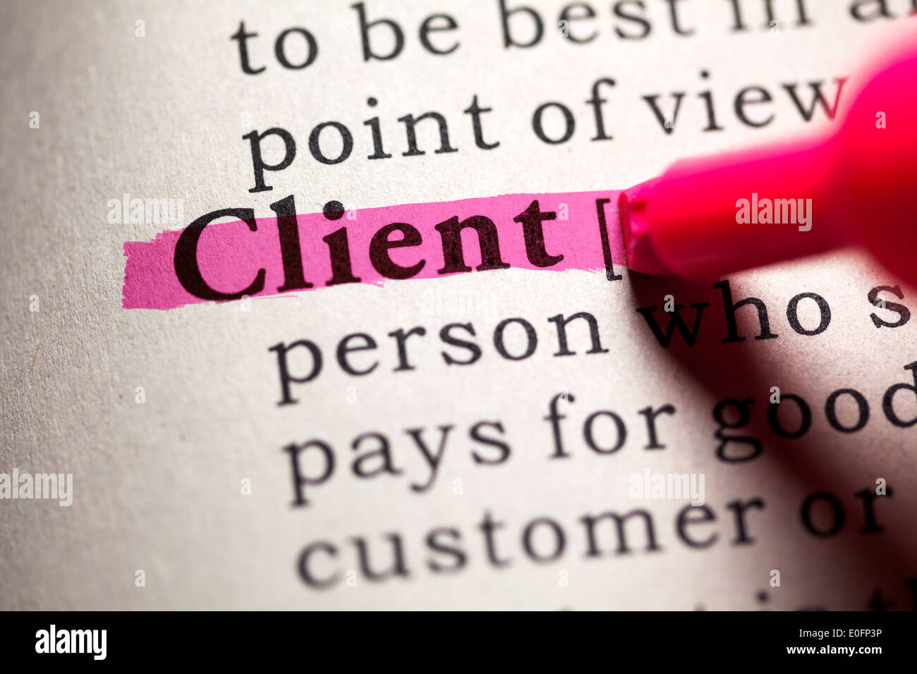 Fake Dictionary, Dictionary definition of the word client. Stock Photo