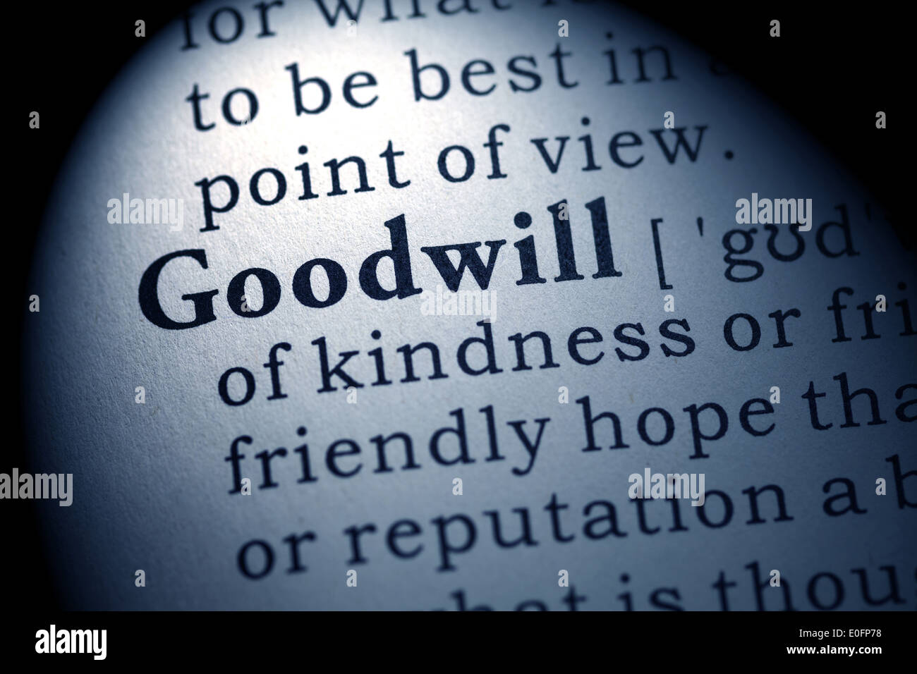 Fake Dictionary, Dictionary definition of the word goodwill. Stock Photo