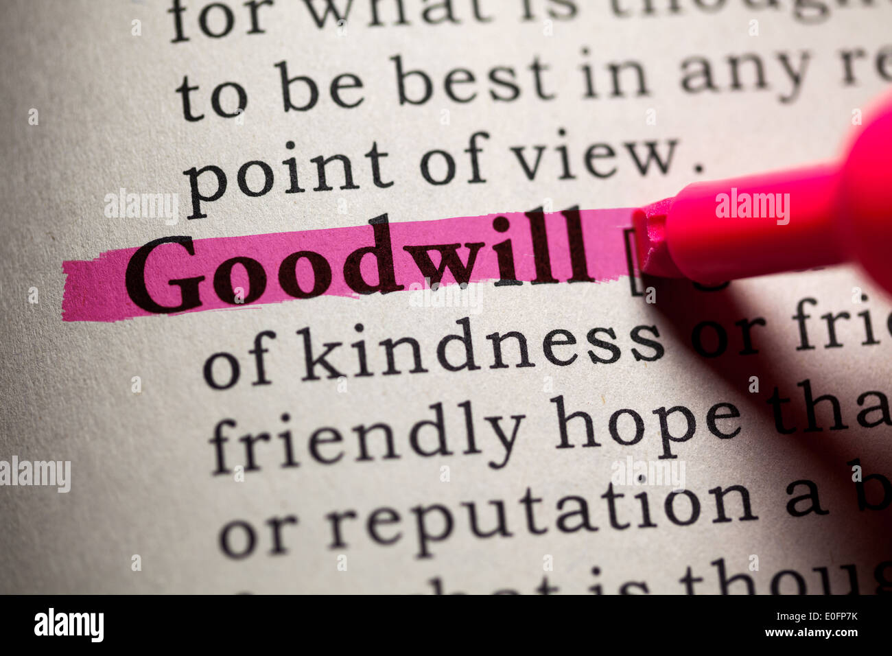 Fake Dictionary, Dictionary definition of the word goodwill. Stock Photo
