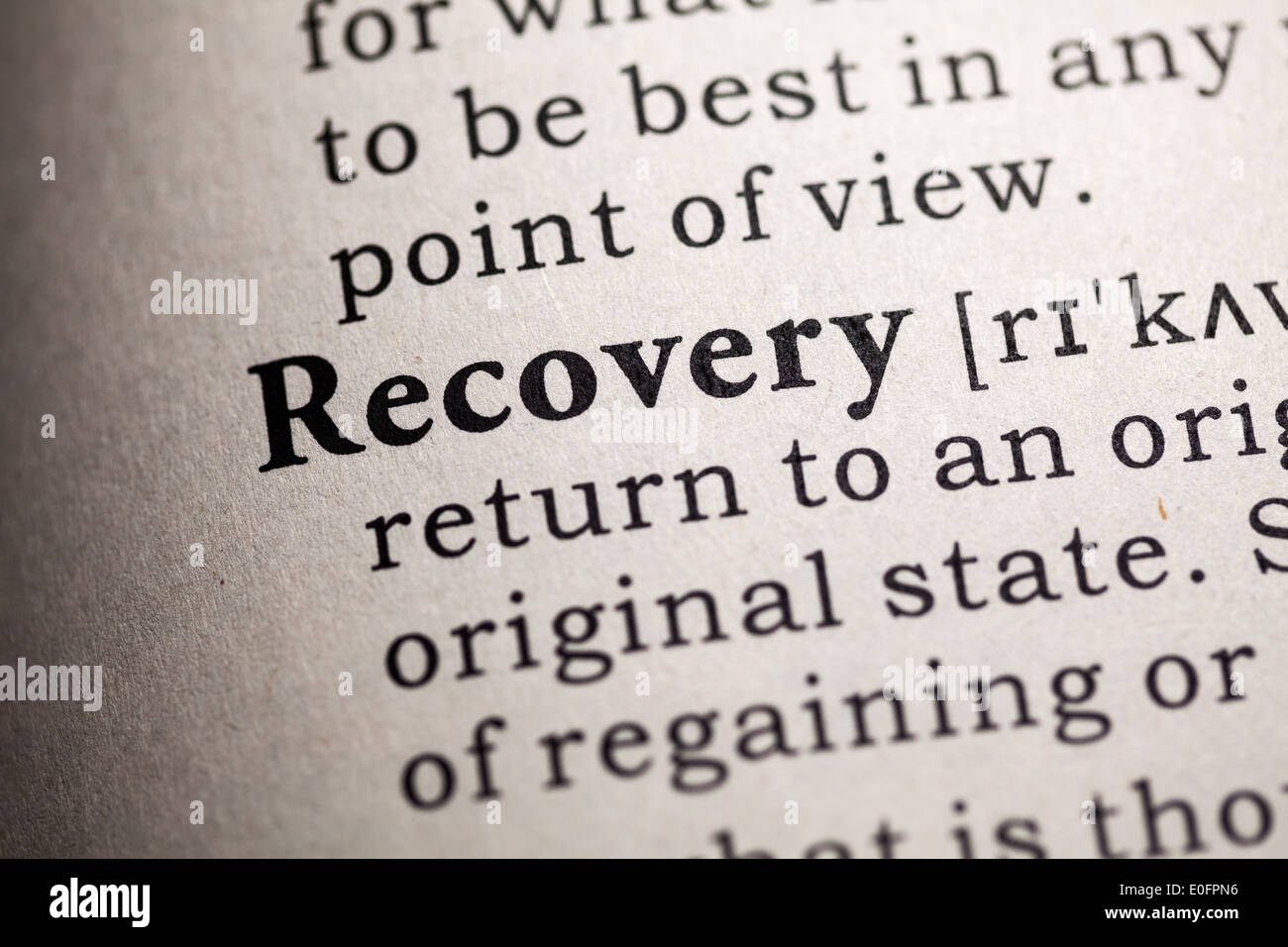 Fake Dictionary, Dictionary definition of the word recovery. Stock Photo