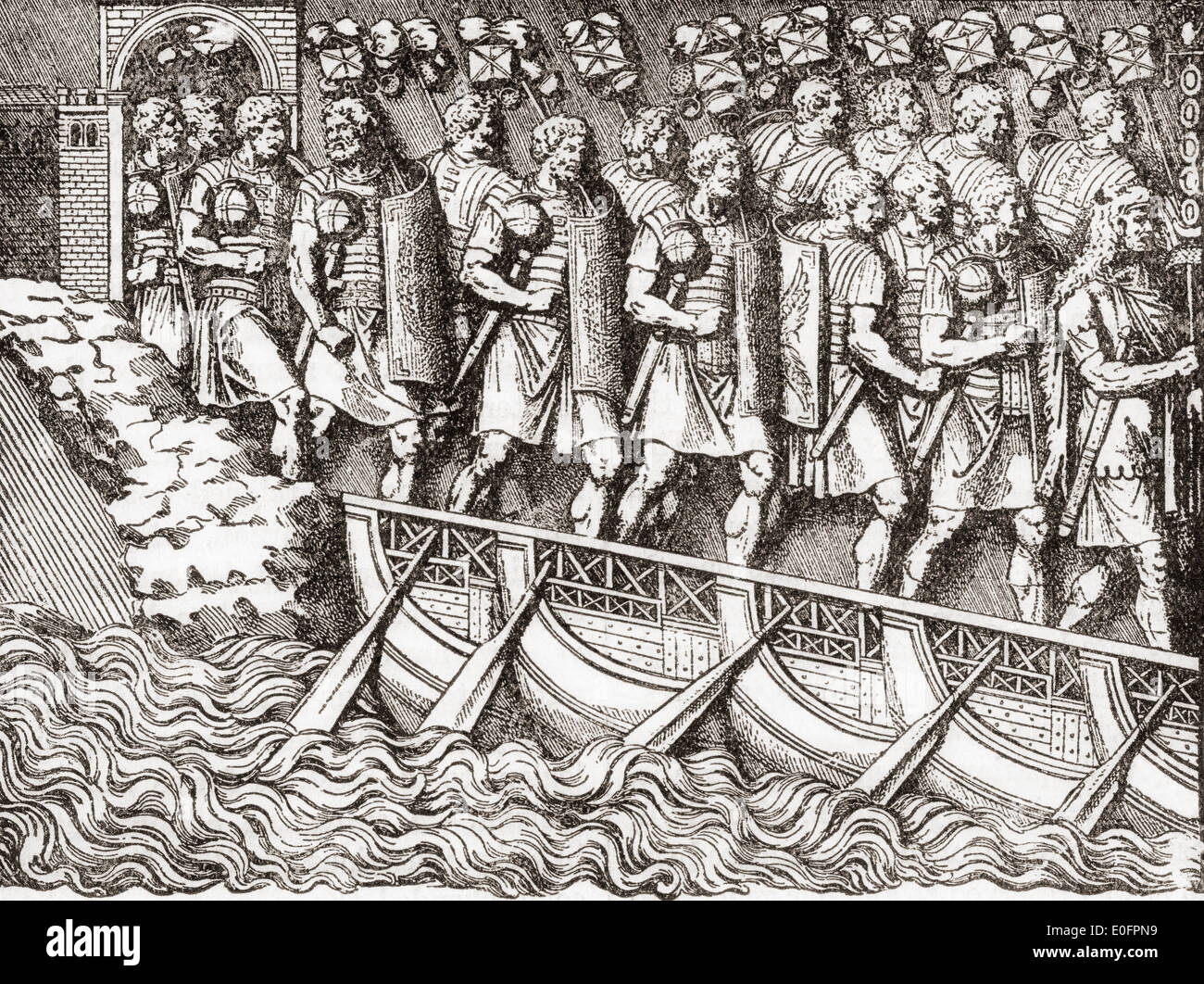 Roman soldiers crossing over a bridge of boats, from Trajan's Column. Stock Photo