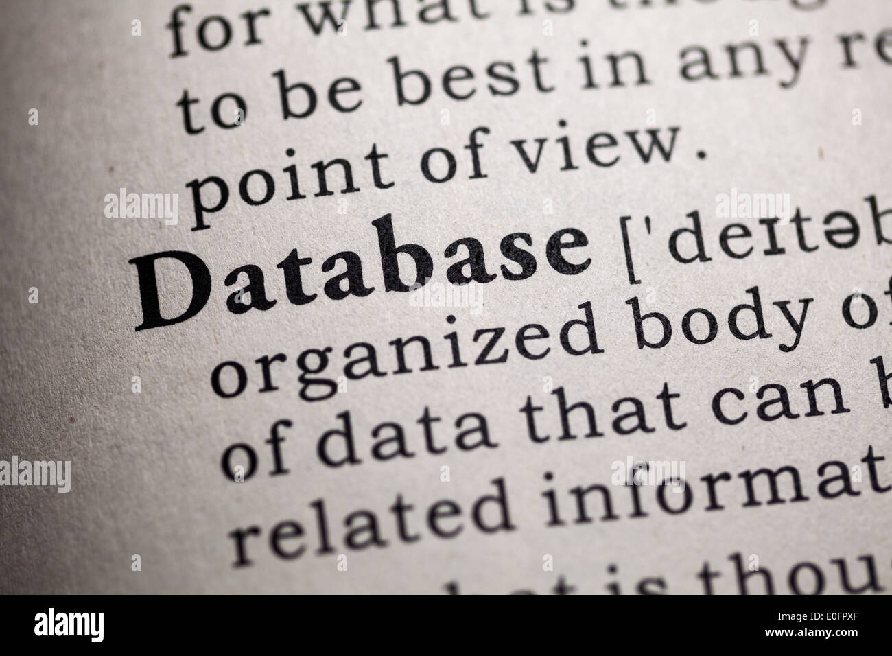 Fake Dictionary, Dictionary definition of the word database. Stock Photo