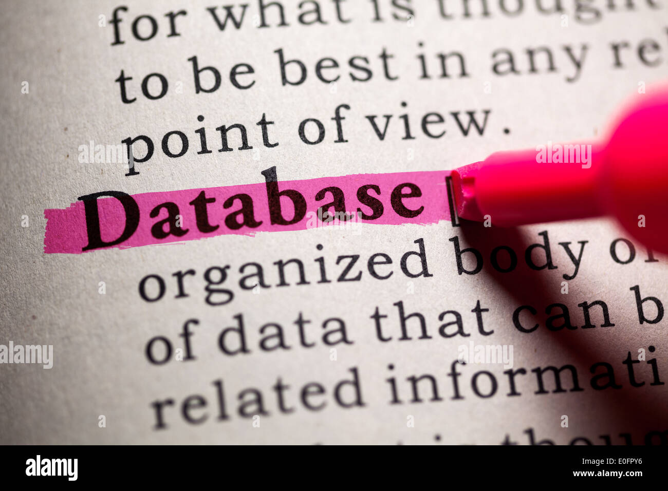 Fake Dictionary, Dictionary definition of the word database. Stock Photo