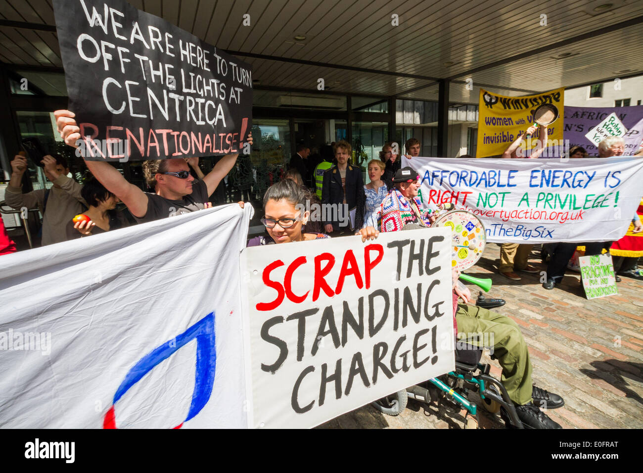 London, UK. 12th May, 2014. Protest outside the British Gas AGM at the QE2 Conference Centre in Westminster to demonstrate against rising energy prices. Credit:  Guy Corbishley/Alamy Live News Stock Photo