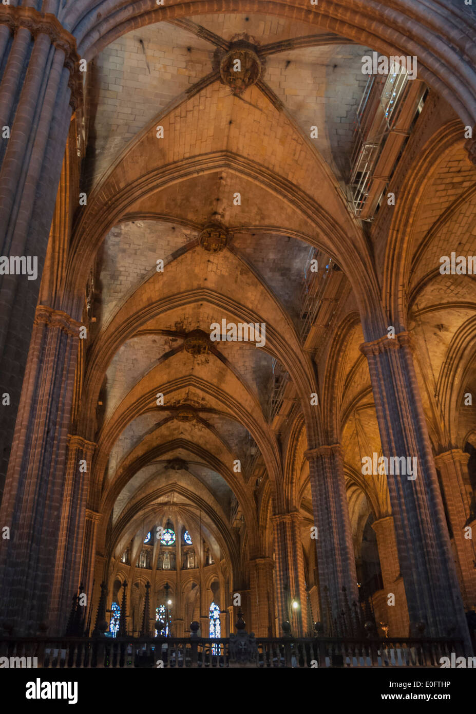 Fan vault ceiling in arcade, Barcelona Cathedral, Spain. Barcelona Cathedral is situated in the Gothic quarters. Stock Photo