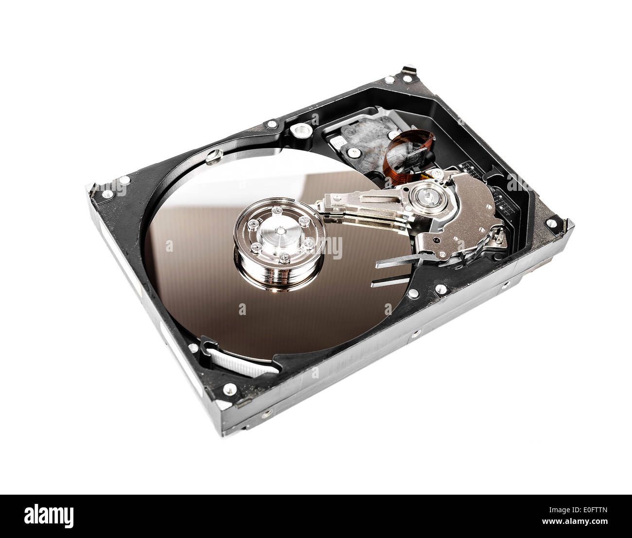 Opened Computer hard disk drive isolated on white Stock Photo