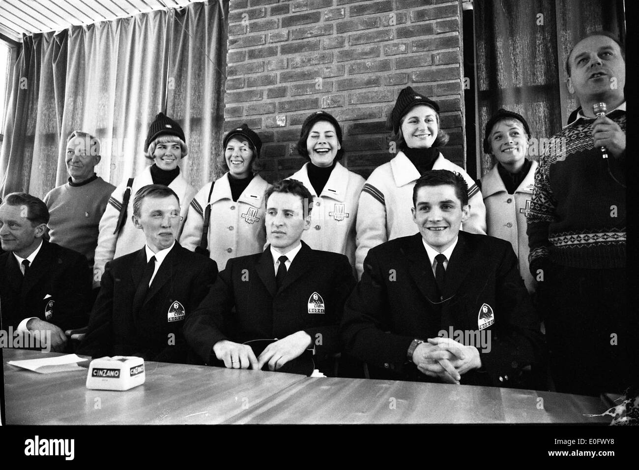 A photograph of a press conference during the 15 km men's cross-country skiing event at Holmenkollen, showcasing Norwegian winter sports and media coverage. Stock Photo
