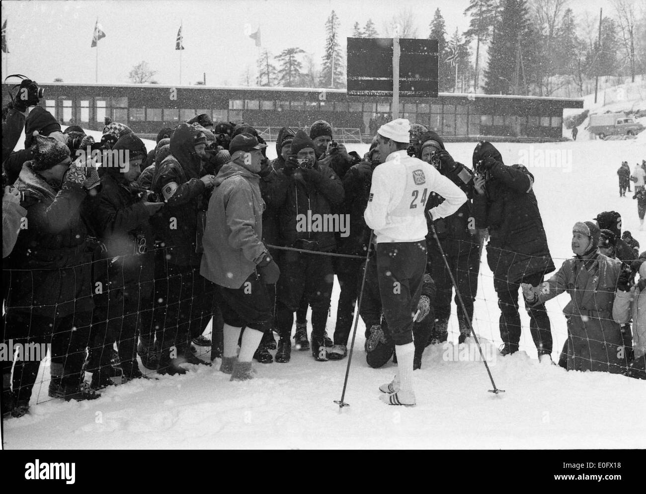 This image captures the press securing their position during the 15 km men’s cross-country skiing event at the 1966 World Championships in Oslo, Norway. The event took place in Holmenkollen, one of the most prestigious venues for Nordic skiing competitions. Stock Photo