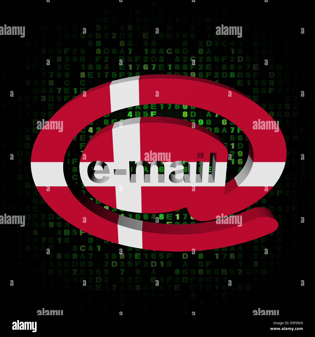 email address AT symbol with Danish flag on hex illustration Stock