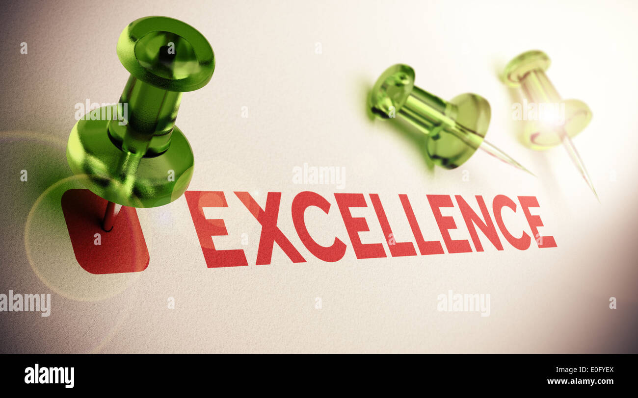 Word Excellence with a green pushpin, light effect and focus on the main thumbtack, paper background. concept of excelling Stock Photo