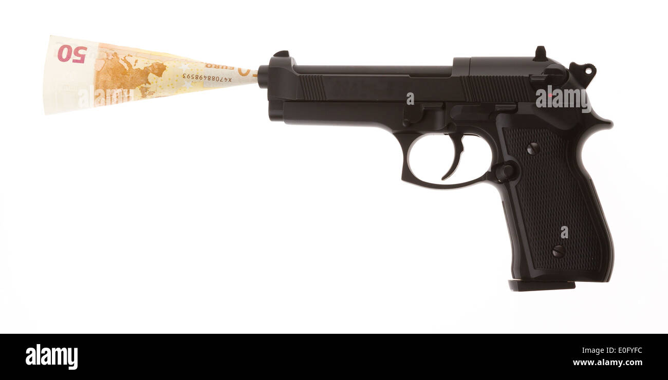 Semi-automatic gun with 50 euro isolated on white background Stock Photo