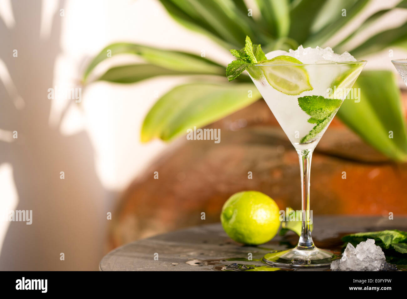 Single stemmed wide cocktail glass on garden metal table in late afternoon sun Stock Photo