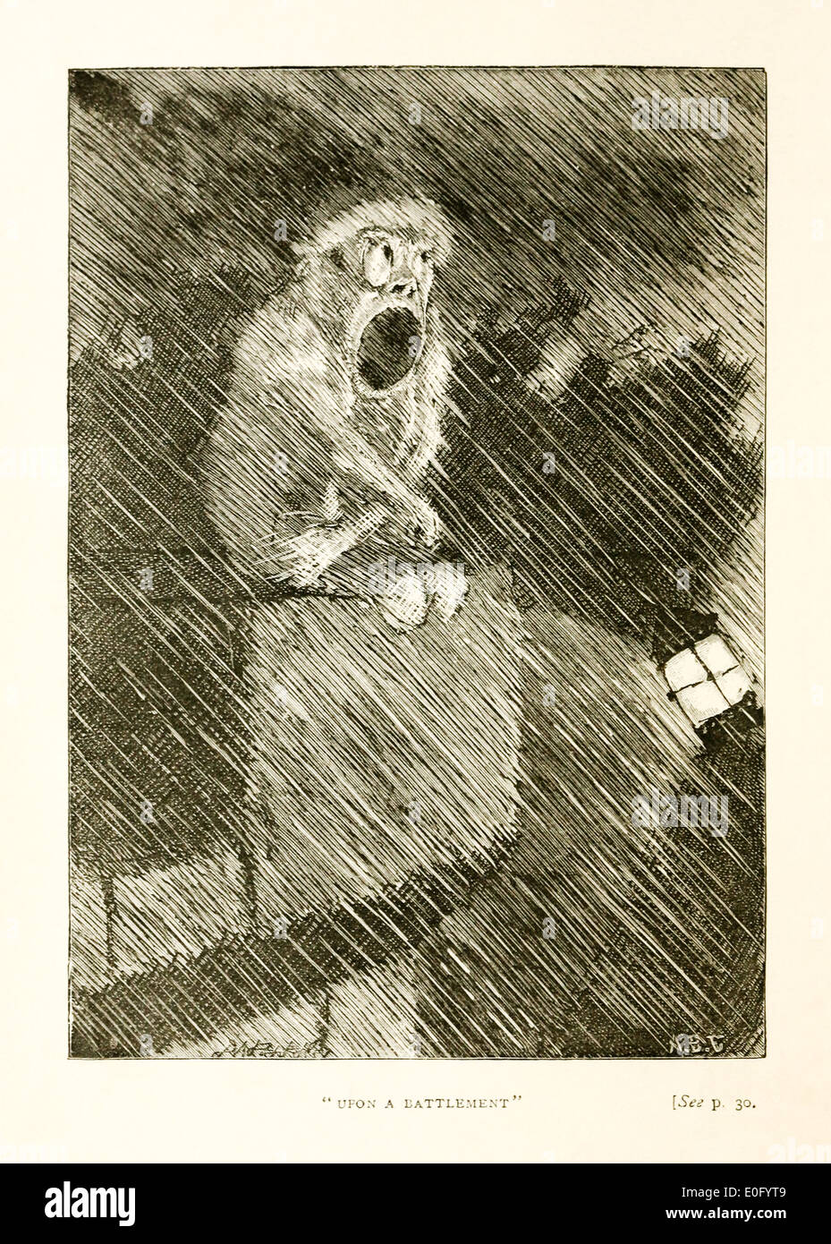 'Upon a Battlement'. Arthur Burdett Frost (1851-1928) Illustration from Lewis Carroll's poem 'Phantasmagoria' about a man called Tibbets talking to a ghost. From Canto 4. Hys Nouryture, howling in the rain on a castle. Image from 1883 first edition of 'Rhyme? And Reason?'. Stock Photo
