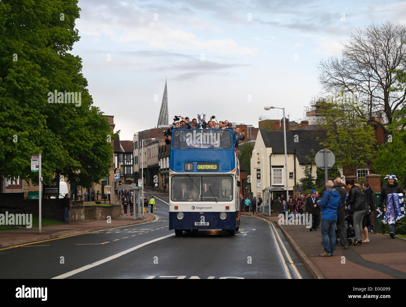 Chesterfield, UK 12th May, 2014. Chesterfield F.C. football team, league 2 champions, open top bus parade and civic reception at Chesterfield town hall Derbyshire England, UK Monday 12th May 2014 Stock Photo