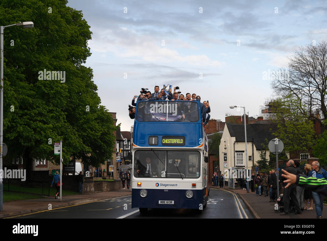 Chesterfield, UK 12th May, 2014 Chesterfield F.C. football team, league 2 champions, open top bus parade and civic reception at Chesterfield town hall Derbyshire England, UK. Monday 12th May 2014 Stock Photo