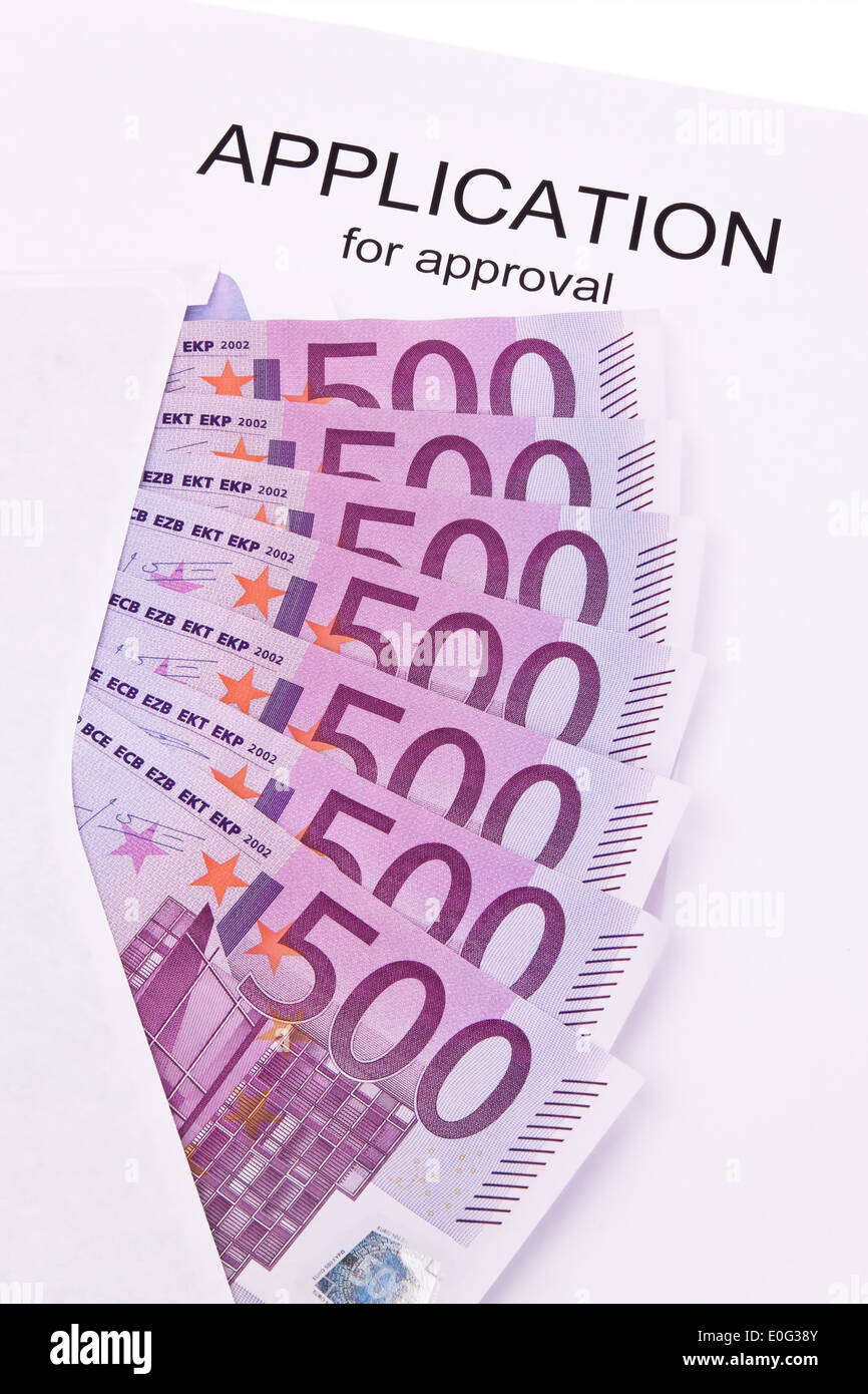 A lot of euro of bank notes and application (In English), Viele Euro Geldscheine und Antrag (Englisch) Stock Photo