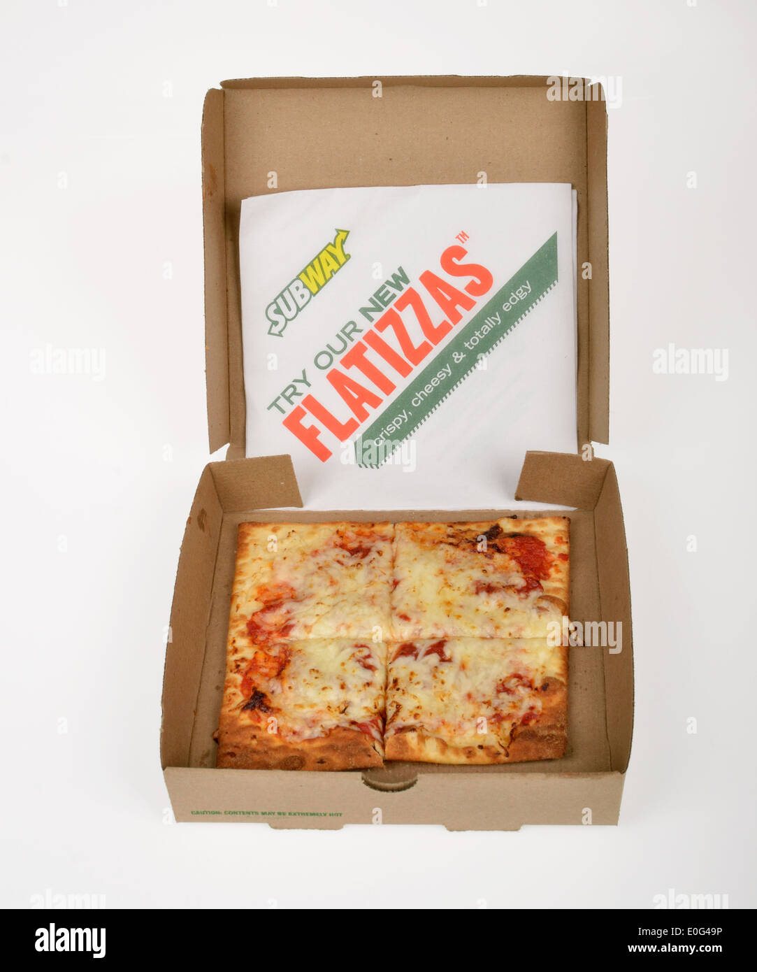 Subway Flatizza cheese square pizza in take out cardboard box with napkin on white background, cutout. usa Stock Photo