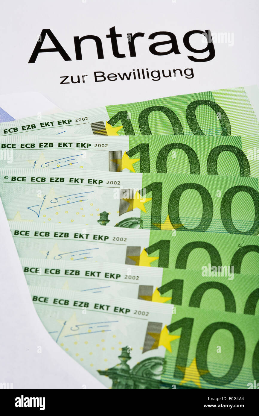 Application and bank notes, Antrag und Geldscheine Stock Photo