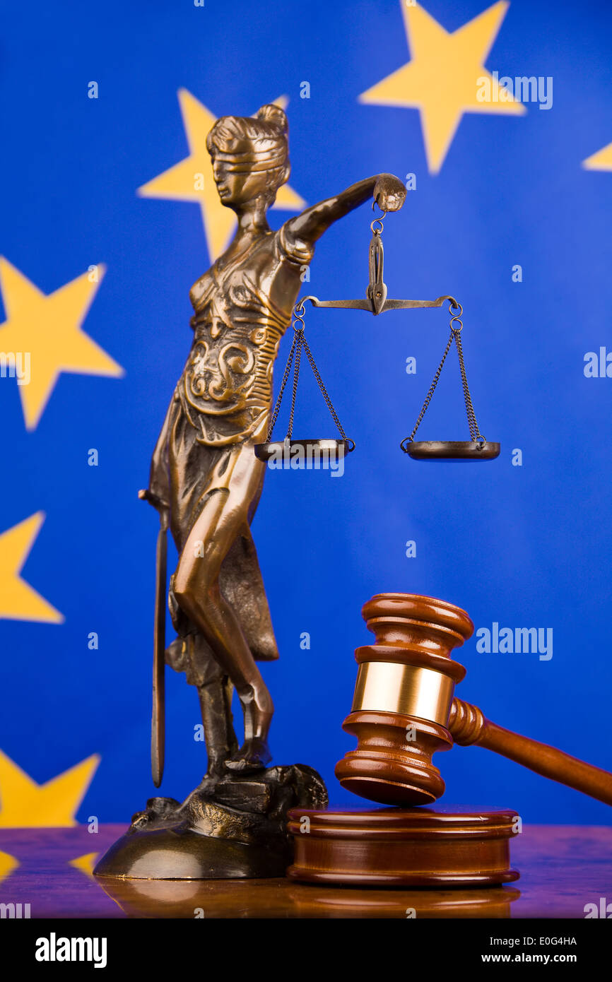 Judge's hammer and EU flag , Richterhammer und EU-Fahne Stock Photo