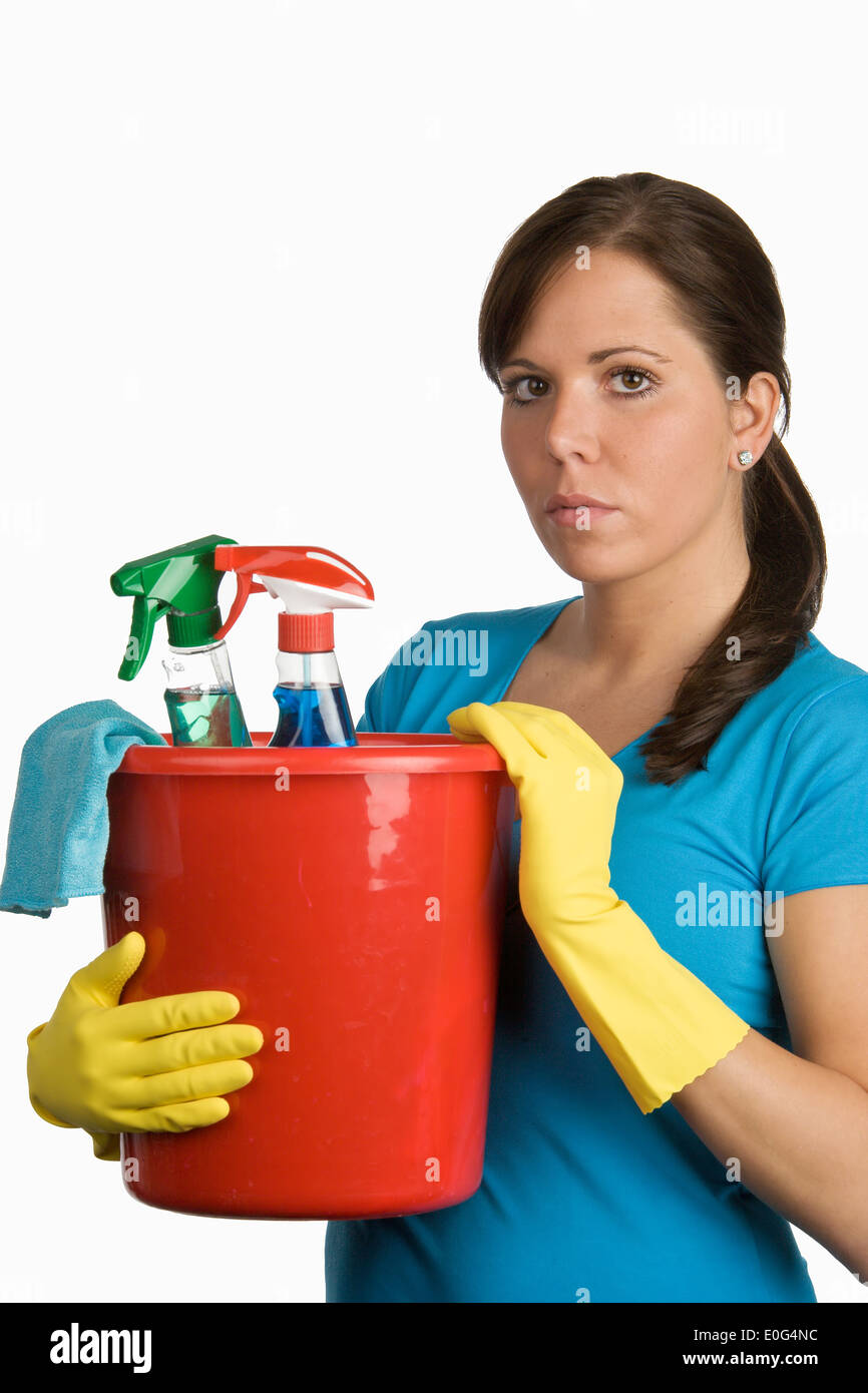 Woman with cleaning material , Frau mit Putzmittel Stock Photo