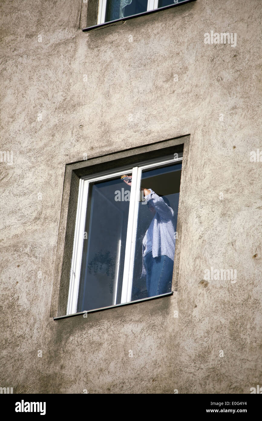 Window-cleaner , Fensterputzer Stock Photo