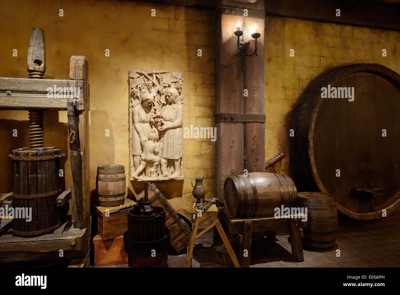 Italian winemaking tools, presses, barrels Stock Photo