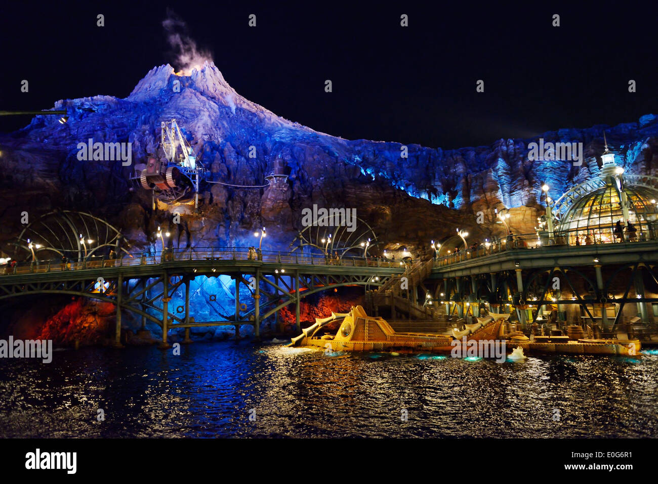 Tokyo Disneysea theme park, Mysterious Island colorful nighttime scenery. Japan. Stock Photo