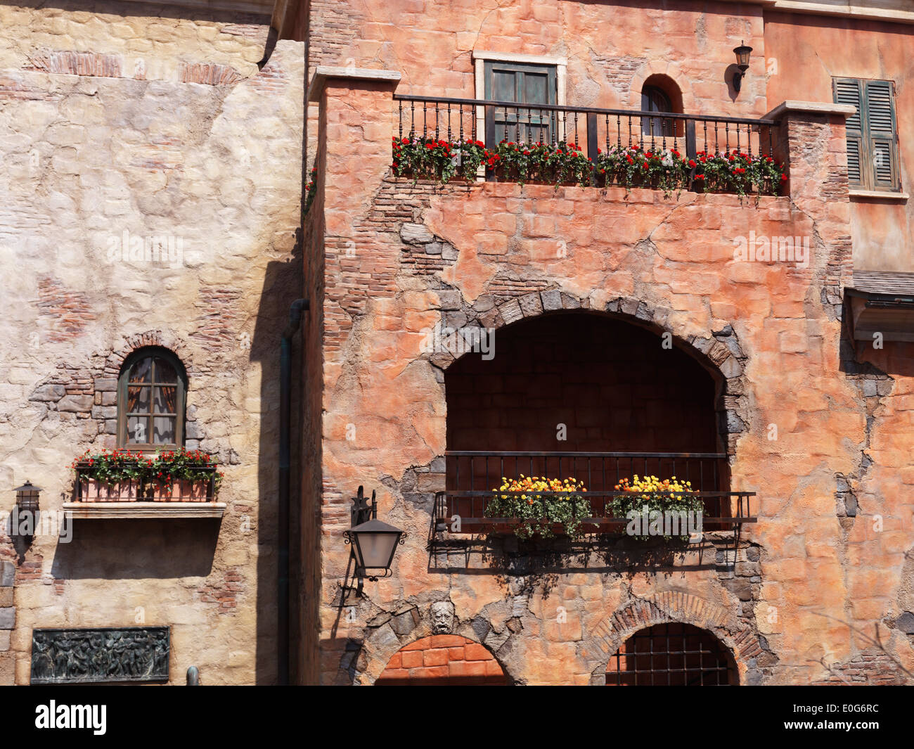 Antique Italian architecture details, old house balconies and windows with flowers Stock Photo