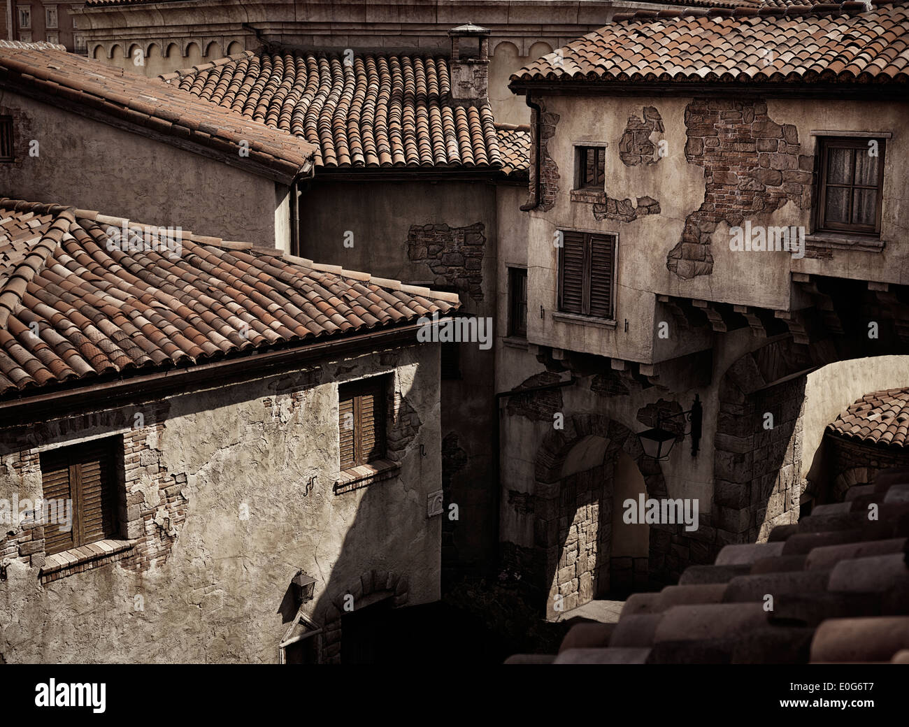 Rustic old houses with tiled roofs, antique architecture in Venetian style, sepia toned Stock Photo