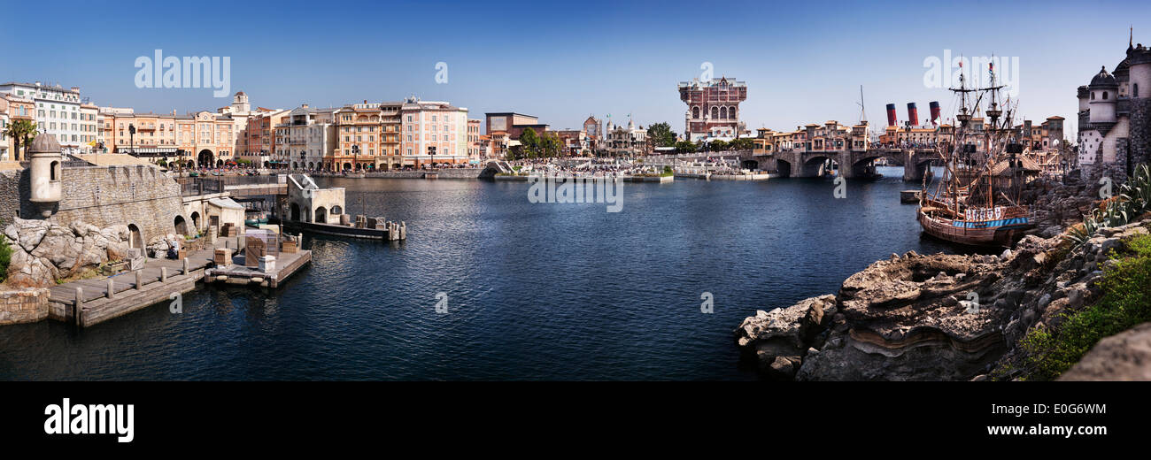 Tokyo Disneysea theme park, Mediterranean harbor panoramic scenery. Japan. Stock Photo