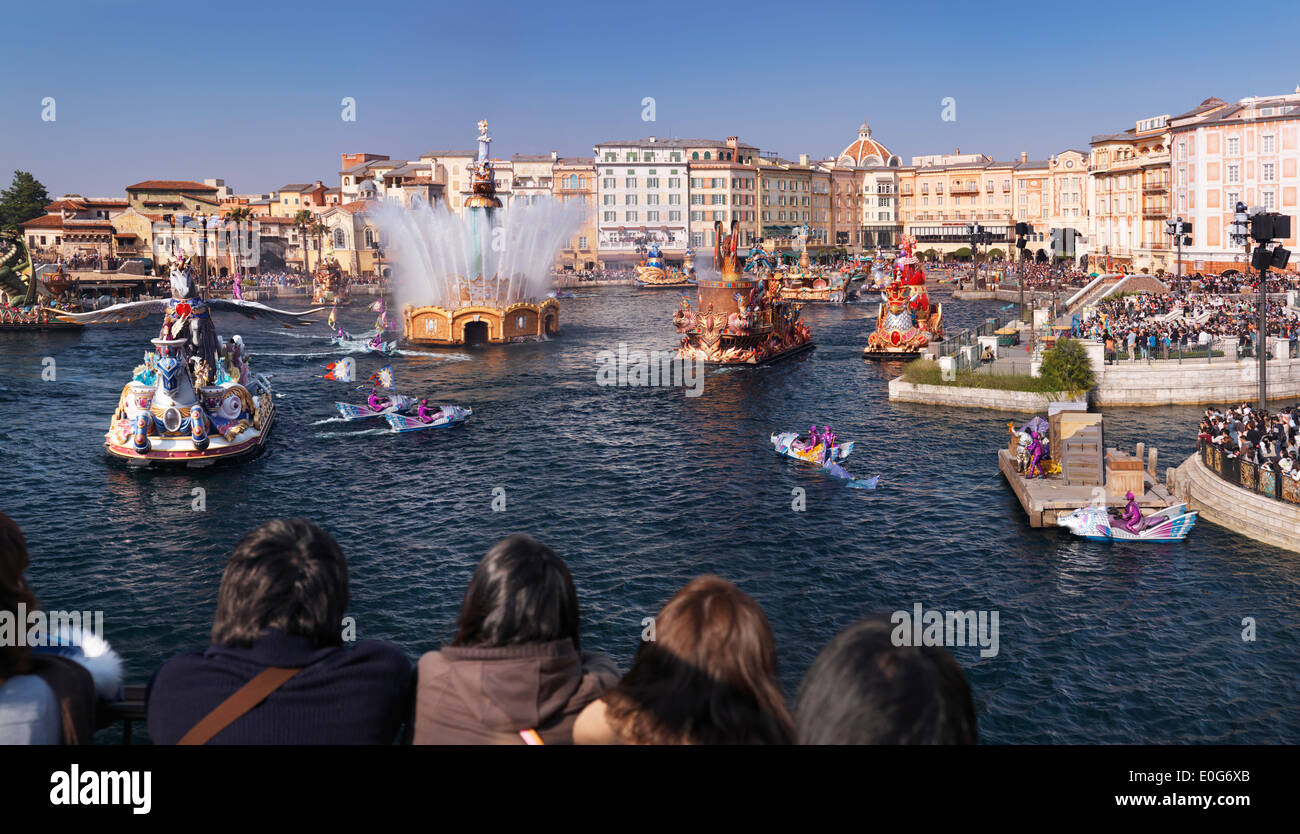 People watching a show The Legend of Mythica at Tokyo Disneysea theme park, Mediterranean harbor panoramic scenery. Japan. Stock Photo