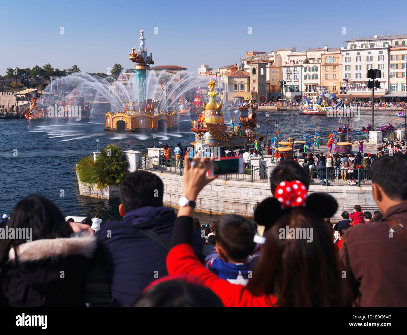 People watching a show The Legend of Mythica at Tokyo Disneysea theme park. Japan. Stock Photo