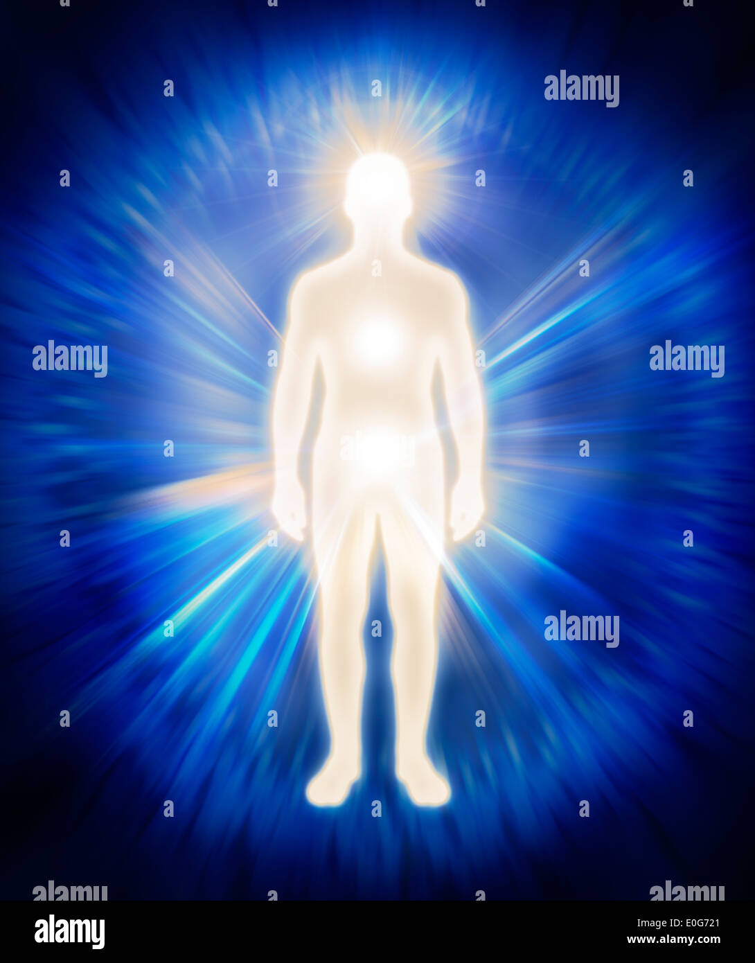 Man ethereal body energy emanations. Human luminous being, aura, spiritual conceptual illustration Stock Photo