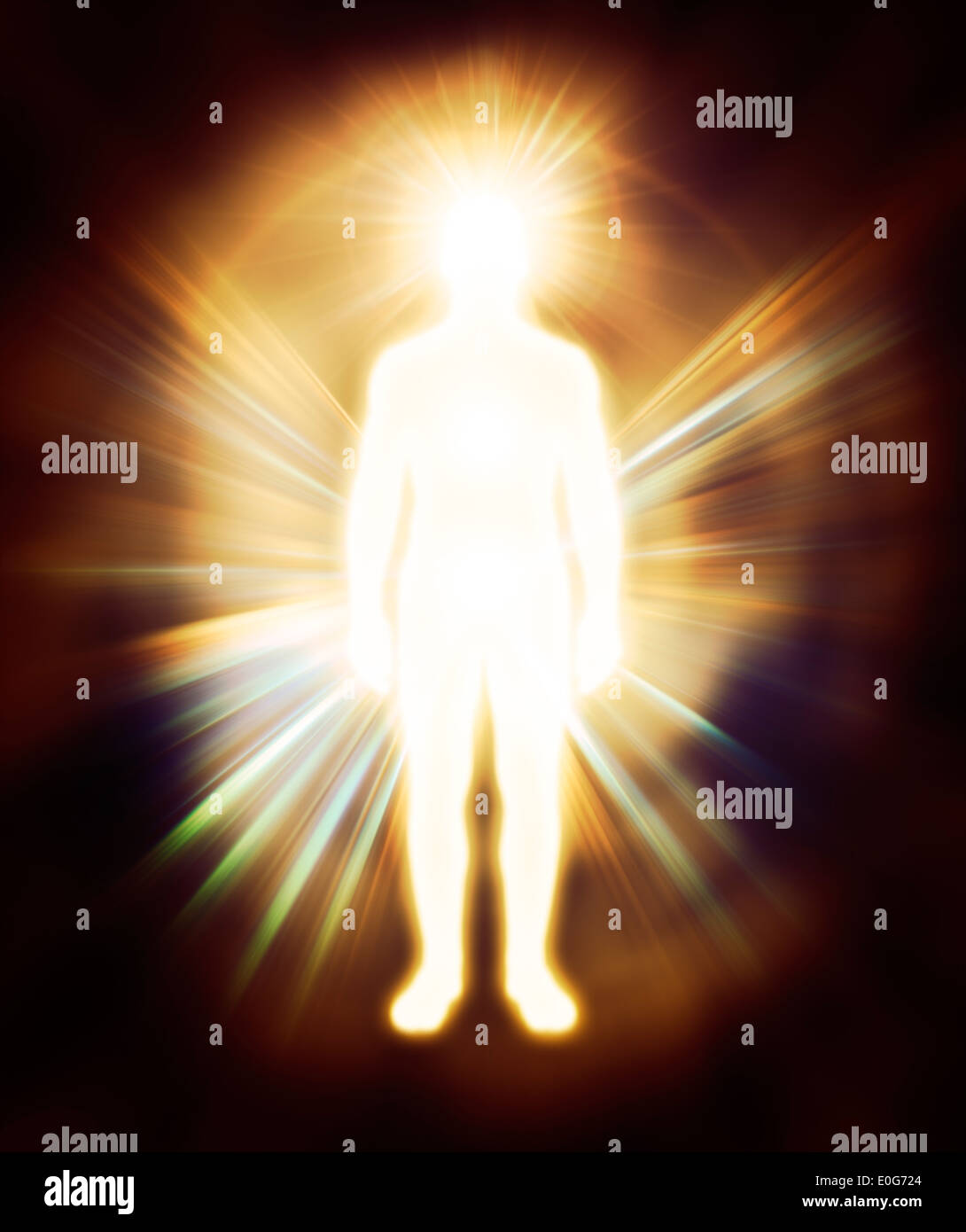 License available at MaximImages.com - Glowing human energy body Qi energy emanations. Man as luminous being, aura, spiritual concept Stock Photo