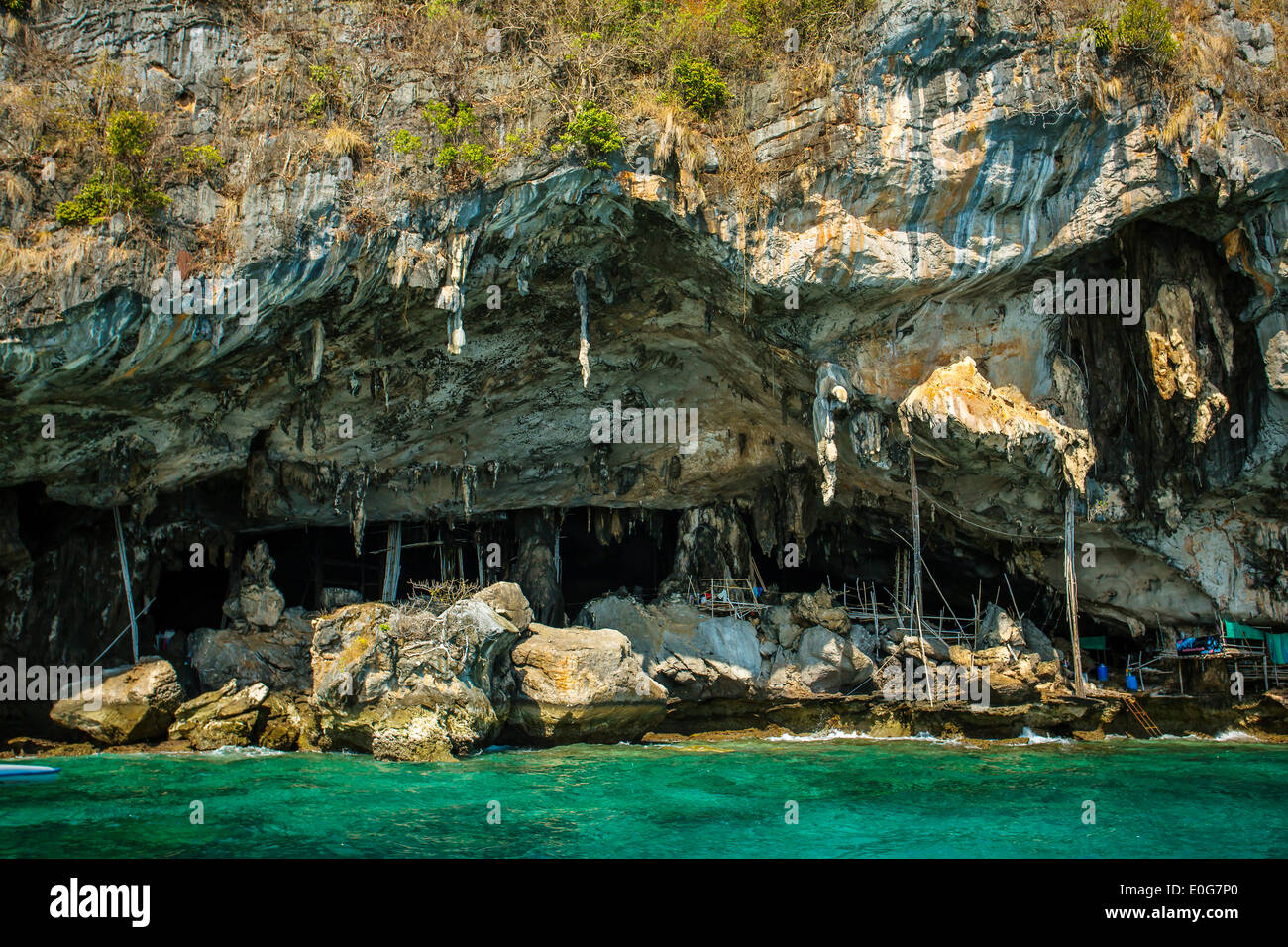 Viking cave where bird's nests are collected. Phi-Phi Leh island in Krabi, Thailand. Stock Photo